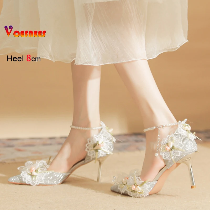 Women's Pumps Elegant Lady Evening Party Dress Prom Shoes 8CM Lace Flower Pearls Single Shoes Spring Summer Pointed High Heels 3