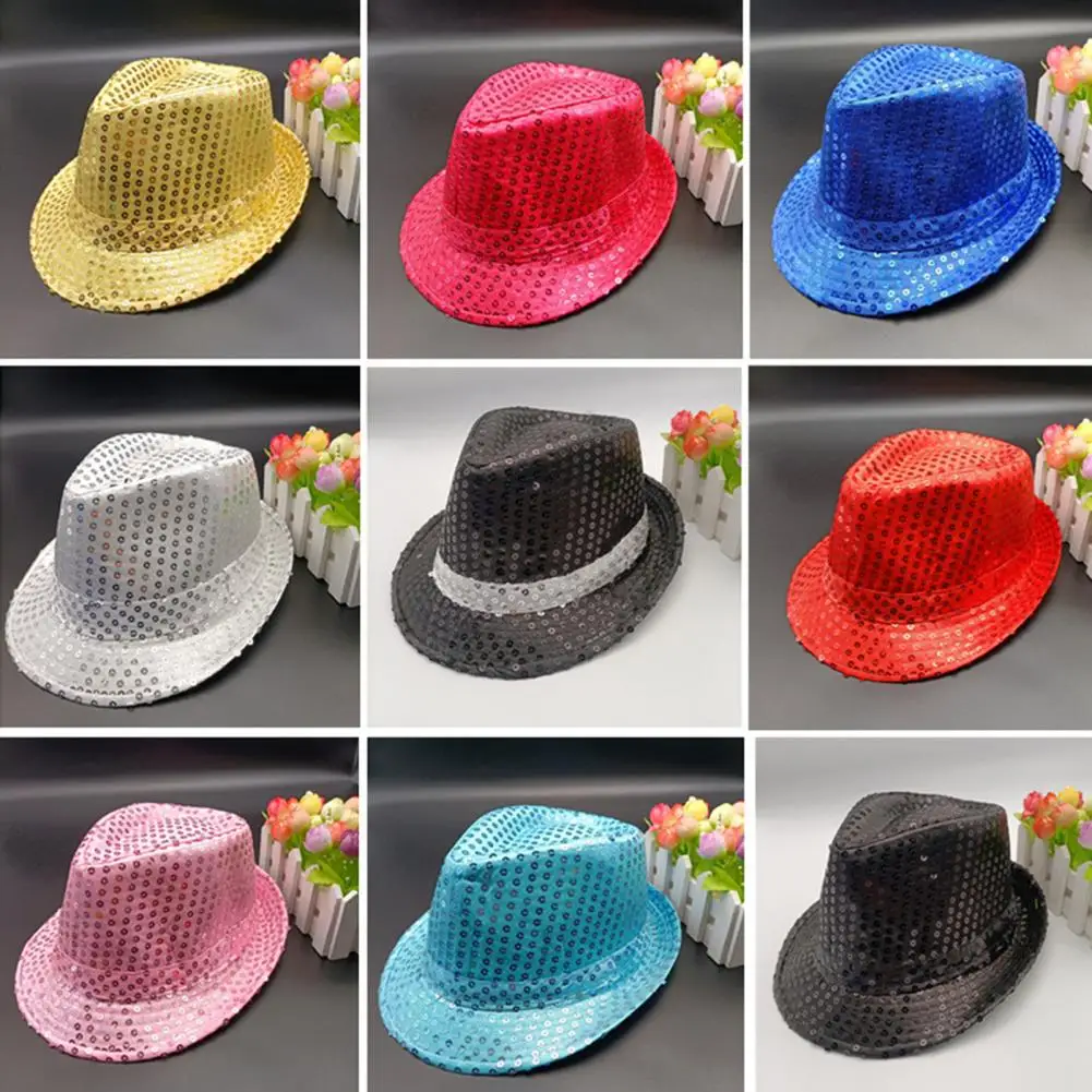 

Women Jazz Hat Shining Short Brim Hemming Jazz Hat Adult Kids Sequins Decorated Dance Performance Stage Show Hat Party Supplies