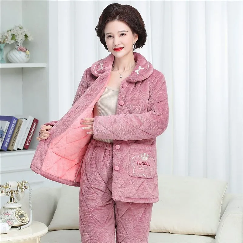 Cotton Pajamas Women's Winter New Three-layer Thickened Loungewear Coral Velvet Home Clothes Elderly Mother Sleepwear Outfit
