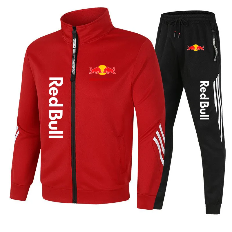 Red Bull Logo Cycling Sport Set Men's Lapel Jacket And
