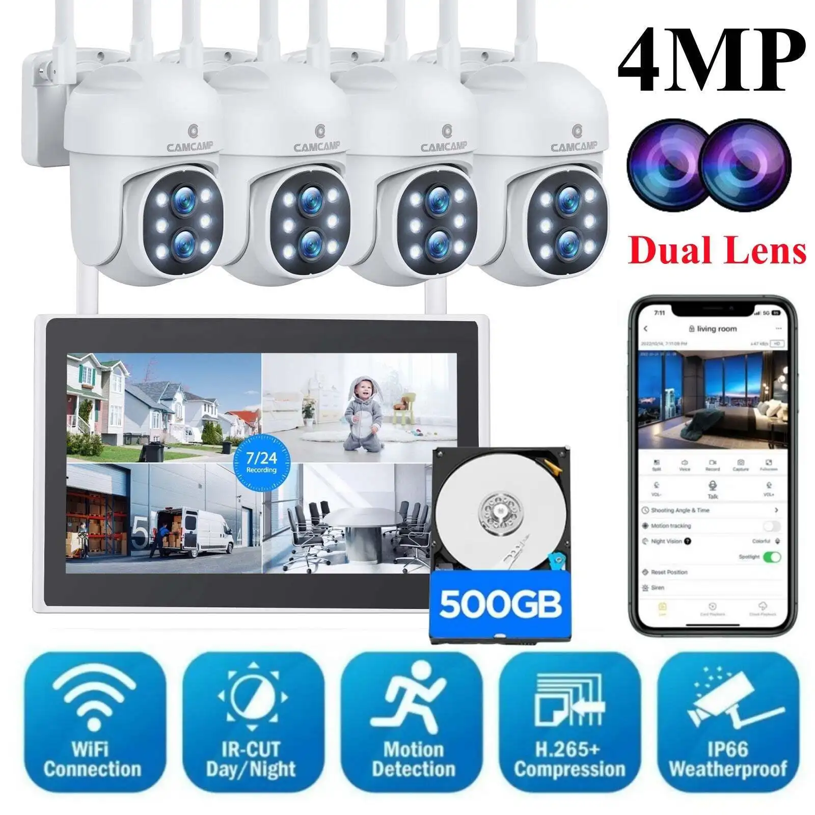 CAMCAMP 4MP 10CH Wireless CCTV Security Camera System PTZ Outdoor Dual lens 10X Hybrid Zoom 10'' Monitor NVR Surveillance Kit