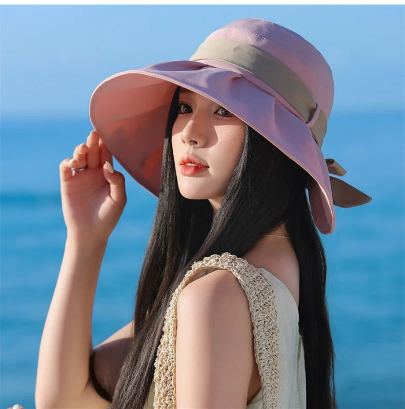 Fisherman Hat Women Summer Outdoor UV large brim sunscreen hat Korean solid color show face small sun hat beach