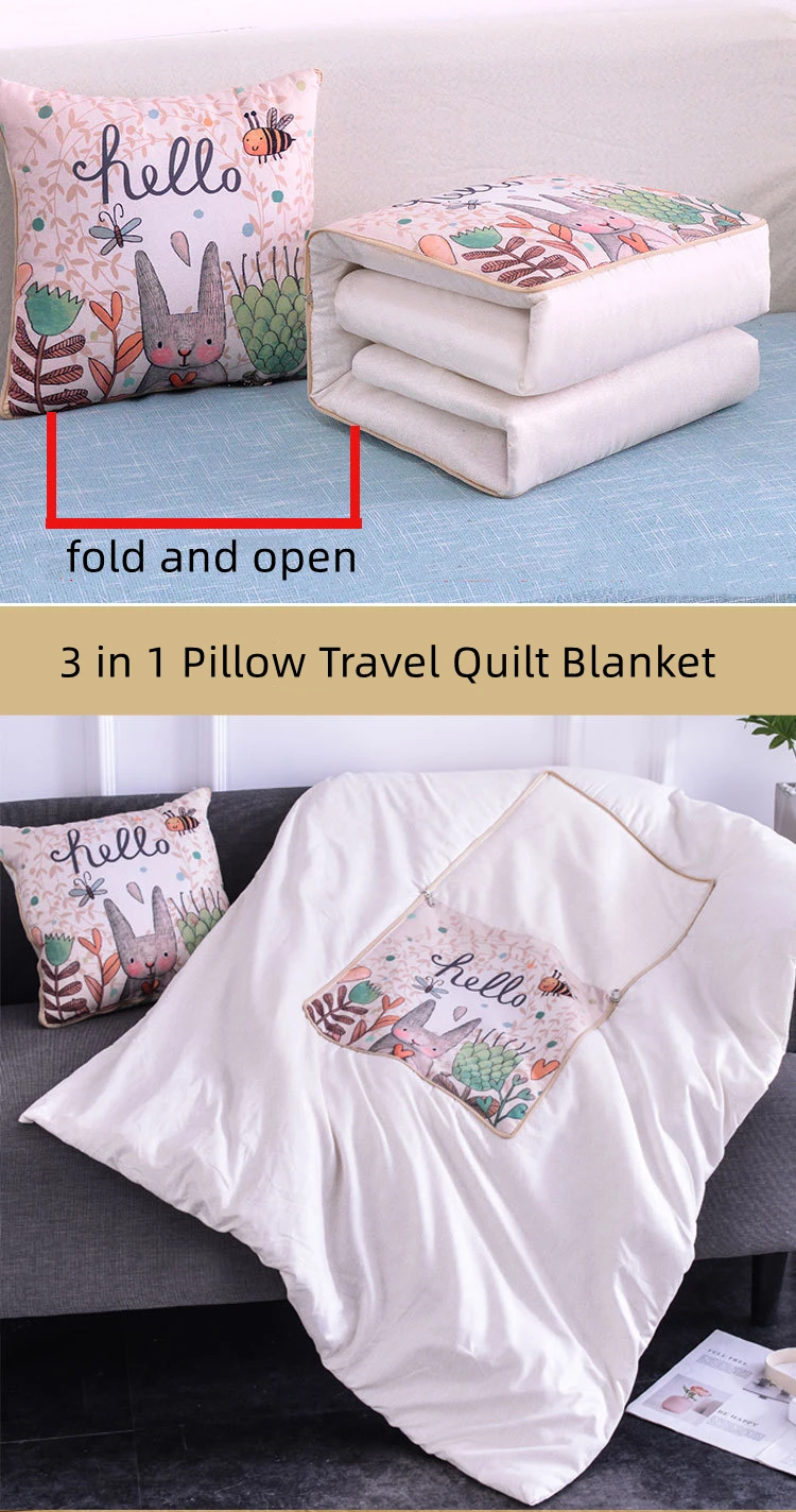 2 In 1 Pillow Travel Quilt Blanket Cartoon Thick Throw Pillow Portable Foldable Air Conditioner Cushion Blanket Car Sofa Office
