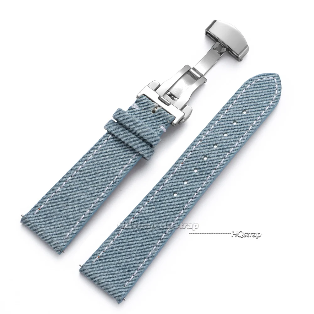 Elegant Denim Sailcloth Leather Watch Strap - Butterfly Buckle, Sport & Business Style