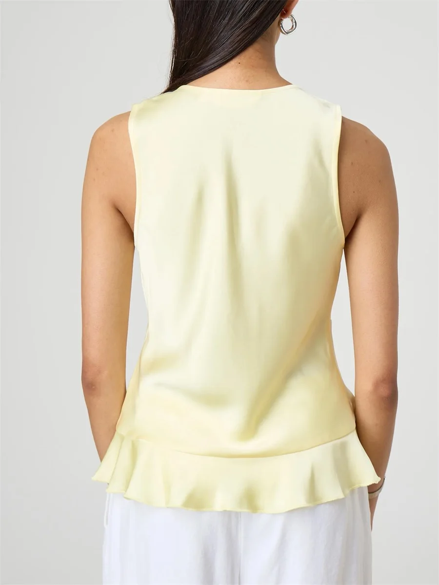 Sleeveless Ruffled Tie-up Vest Chic Solid Outwear for Women Fashionable Gilet for Casual Street Style in Summer