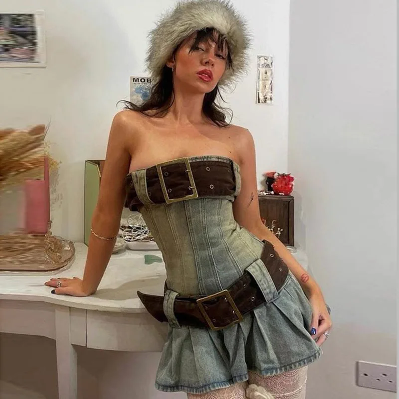 

Платье женское из потертого хлопка с вырезом лодочкой и широкой талией