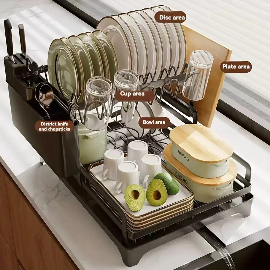 2 Tier Dish Rack with Drainboard Kitchen Dish Bowl Drainer Storage Rack Countertop Dinnerware Organizer Knife Fork Cup Holder 4
