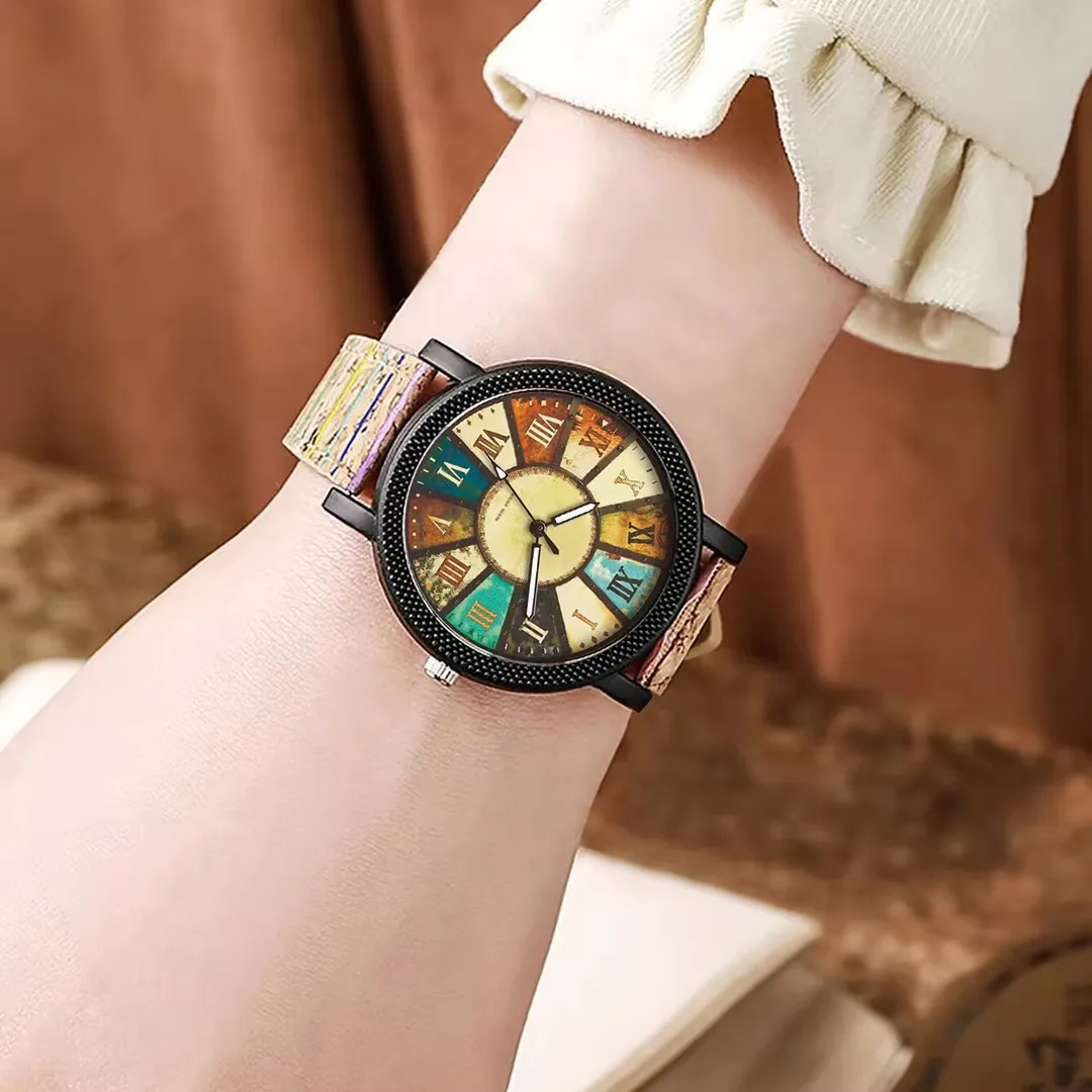 Luxury Wood Grain Turntable Women Quartz Wristwatches Vintage Pattern Leather Strap Watch Korean Student Gift Watch Dropshipping 6
