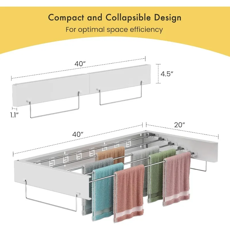 Laundry Wall Mounted Clothes Drying Rack, 40 INCH Wide, 60lbs Capacity,16.4 Linear Ft,Foldable Clothing Drying Rack 3
