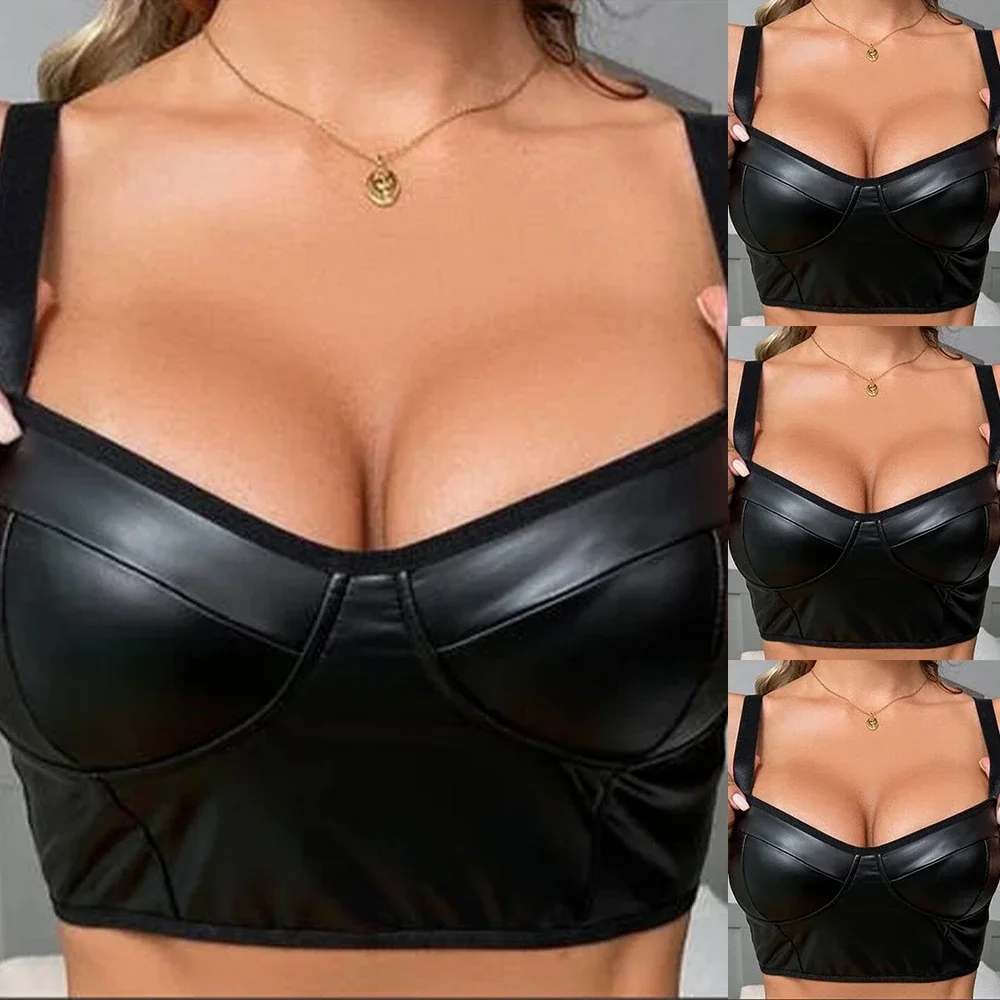Vest Womens Tops Patent Leather S-XL Sexy Shoulder Slimming Strap Stretch V Neck Wet Look Black Bra Fashionable