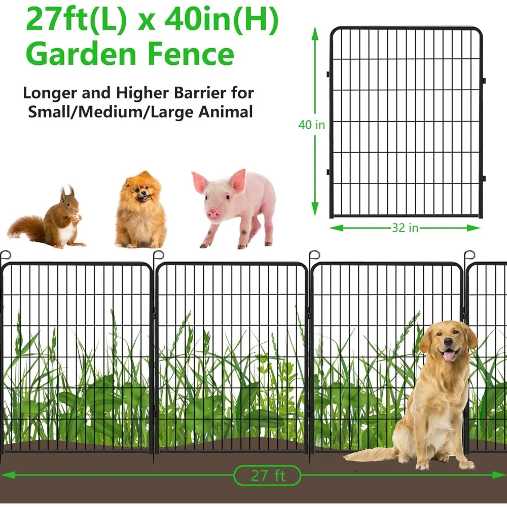 No Dig Decorative Garden Fence with Gate Rustproof Metal Fence Panels, 40in(H) x 27Ft(L) Garden Fencing for Yard 10 Panels