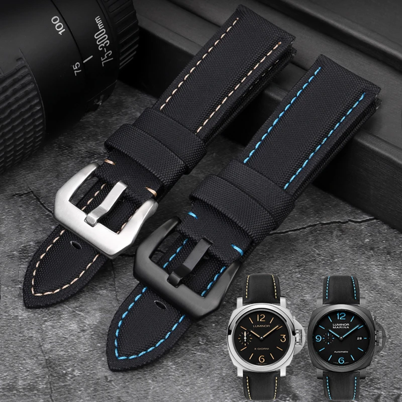 

22mm 24mm 26mm Nylon Texture Leather Watchband Watch Strap for Panerai 441 799 616 PAM01661 Sports Watch Bracelet Black Blue