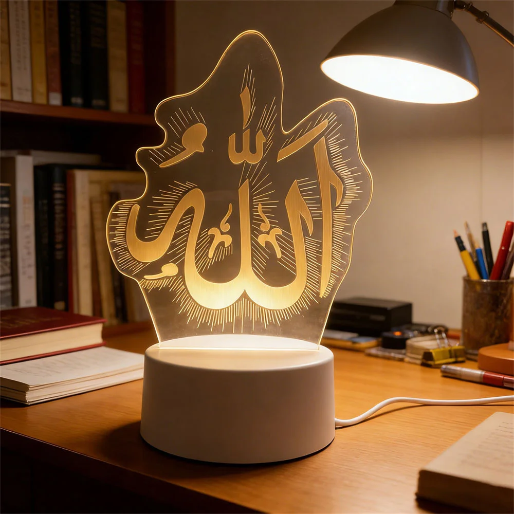 LED Night Light with 3D Moon Castle Design - Acrylic Eid Mubarak Ornament for Holiday and Festival Decor