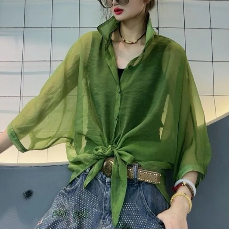 여성용 자외선 차단 의류, 얇은 블라우스, 루즈한 올매치 폴로 넥, 단추 붕대, 3/4 소매 셔츠, 2024 여름 신상 패션