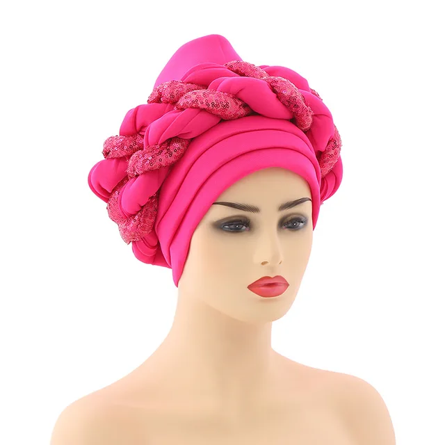 Turbans for Women Pleated Beanie Headwrap African Hat Arab Wrap Muslim Scarf Hijabs Hair Aso Oke Auto Gele Readymade to Wear Cap 018