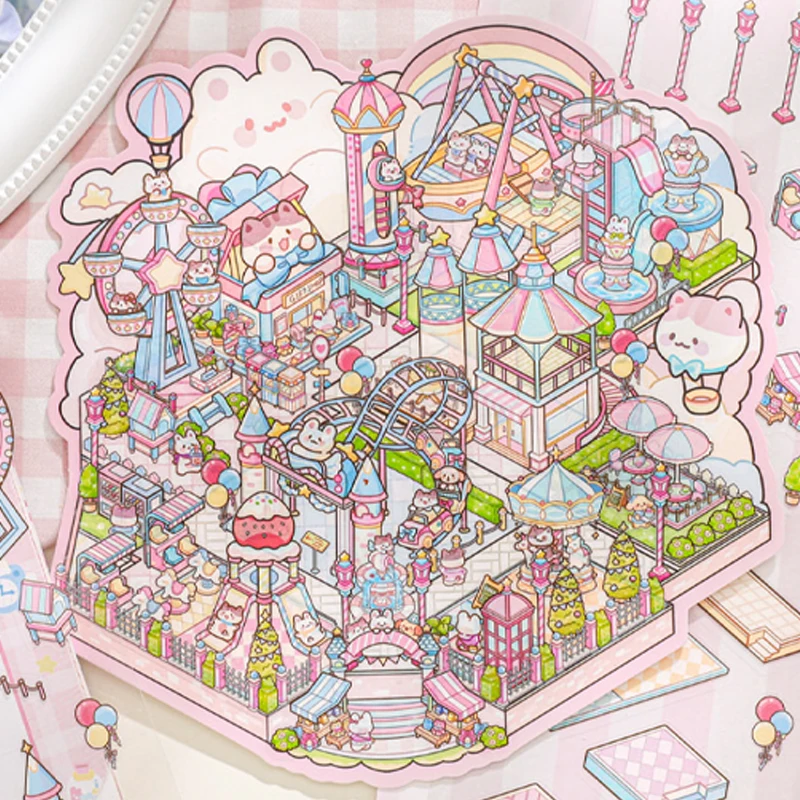 Mr. Paper 9 개/가방 동물 작은 클래스 야옹 작은 마을 시리즈 미니어처 장면 스티커 시각적 스태킹 스티커 편지지