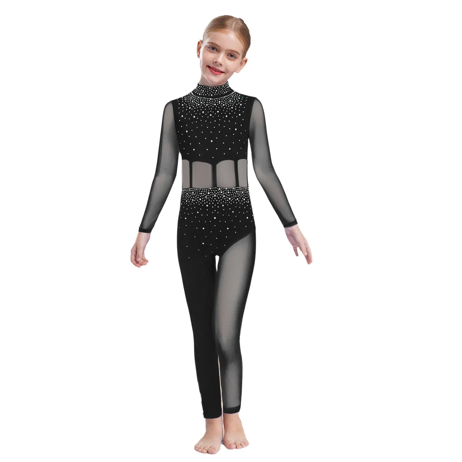 Mädchen Eiskunstlauf-Einteiler Gymnastikanzug Ballett-Tanzkostüm Langarm Glitzernder Strass-Bodysuit – Detail 20