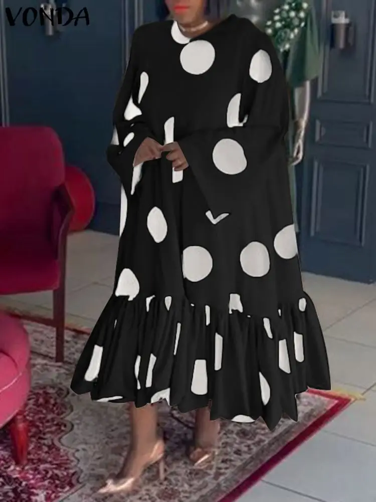

Bohemian Women Polka Dot Printed Dress 2023 VONDA Autumn Long Sleeve Party Midi Sundress Vintage Casual Loose Ruffled Vestidos