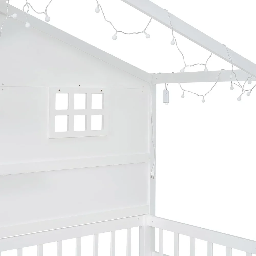 Twin Size House Bed with Storage Shelves and Fence,Sparkling Light Strip on The Roof for Children Teens Adults 6