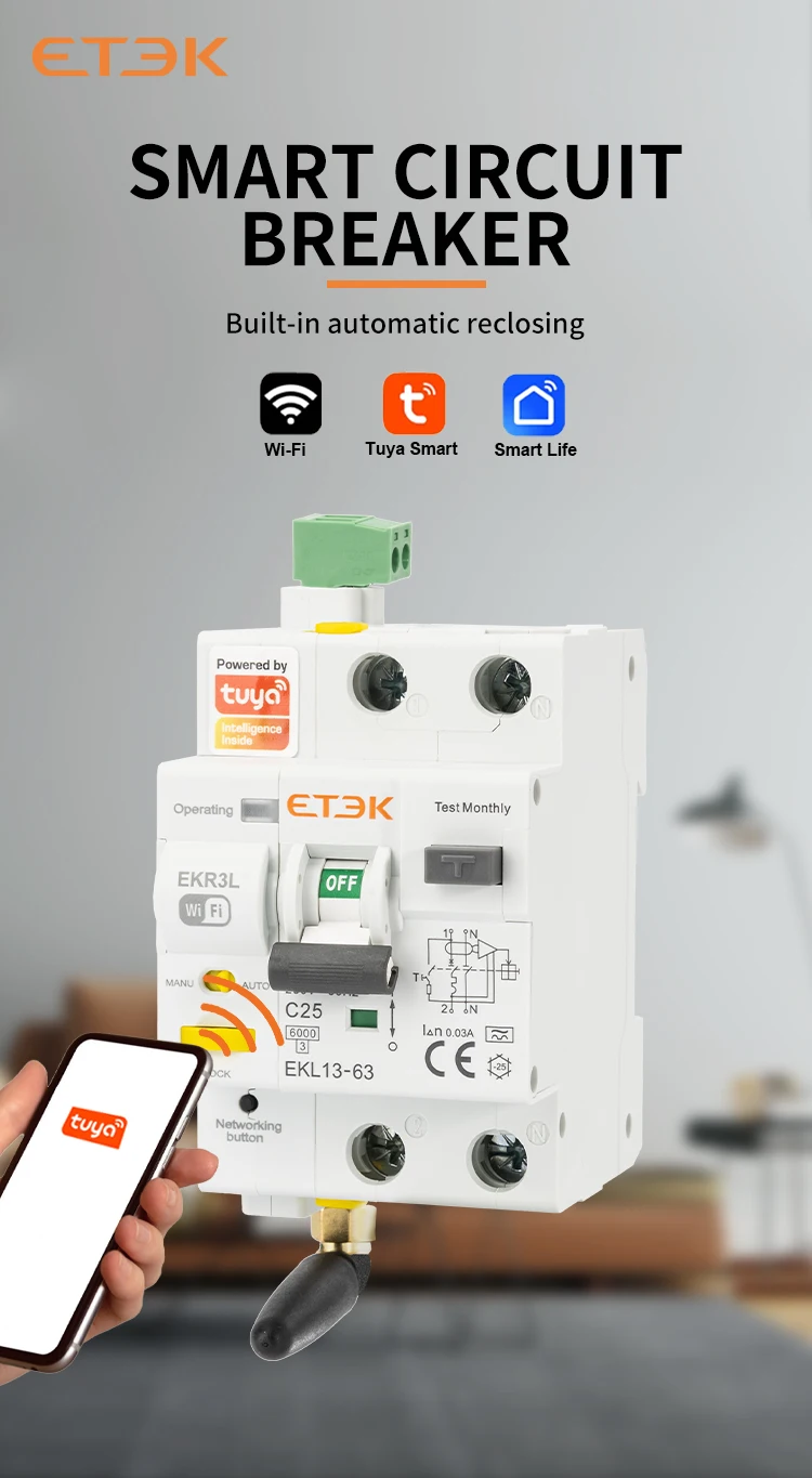 ETEC Tuya WlFl Smart circuit Breaker RCBO Smart Life Remote control short Circui