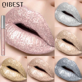 QIBEST 메탈릭 글리터 리퀴드 립스틱, 메이크업 방수 립글로스, 오래 지속되는 쉬머, 메탈 다이아몬드 립 글레이즈, 매력적인 틴트