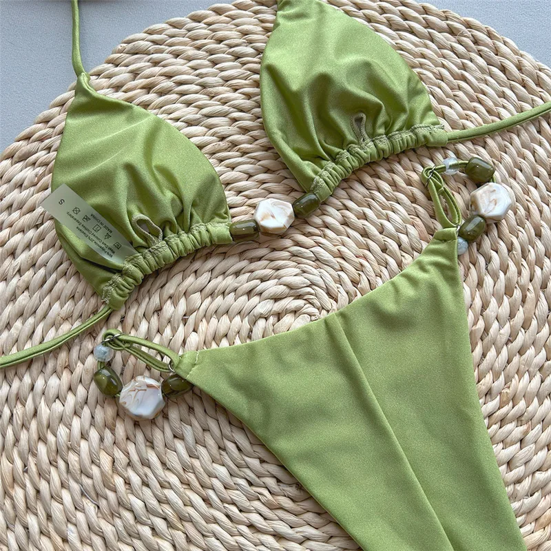 Solid Green Swimwears Sexy Halter Triangle Bead String