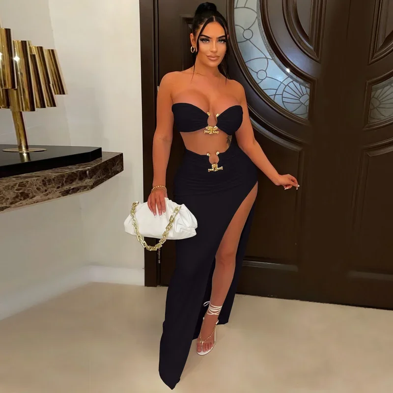 

KEXU Gold Ring Bandeau Slit Skirt Two-Piece Set Women Sexy Off Shoulder Matching Skirt Set Party Nightclub Outfits