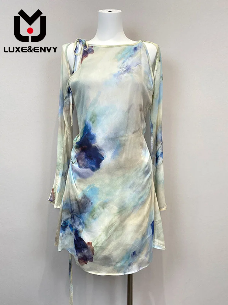 

LUXE&ENVY Shen 2023 Summer New Lace Up Design Short Skirt Dyed Long Sleeve Shirt Dress Women