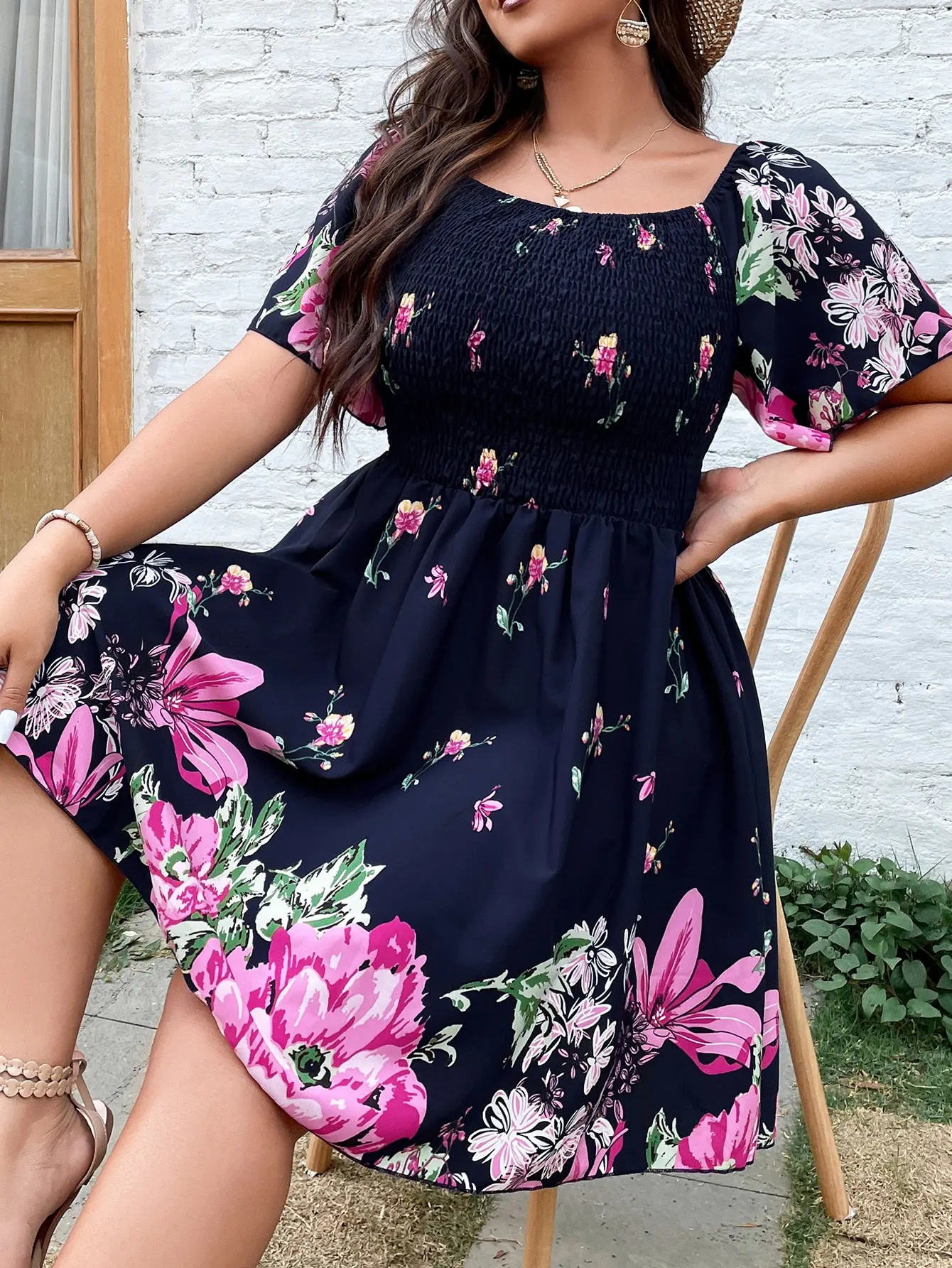 

Finjani Plus Size Boho Dresses, Women's Plus Floral Print Shirred Short Sleeve Round Neck Midi Dress Clothing For Summer New