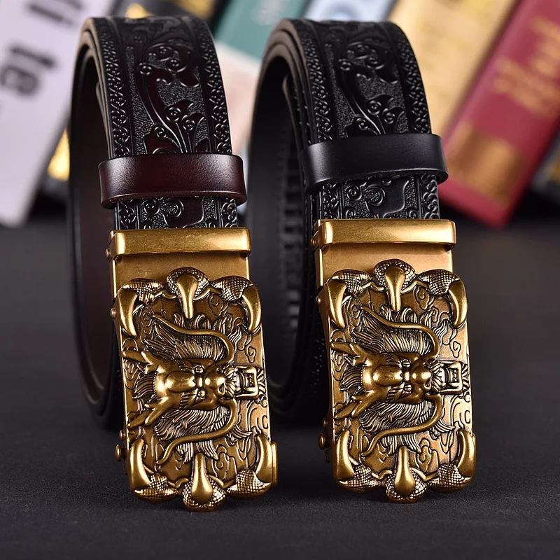 

Fashion Male Belts for Men Business Cowhide Genuine Leather Belt Golden Dragon Pattern Automatic Buckle Strap Belt For Jeans