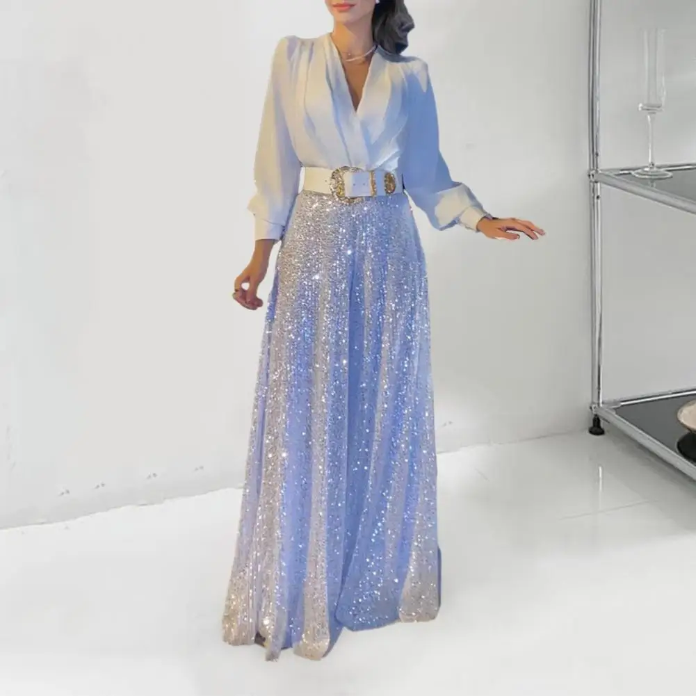 

Ladies Jumpsuit Elegant Ladies' Shiny Sequin Prom Jumpsuit Wide Leg Long Sleeve V Neck for Parties Evening Events Lantern Sleeve