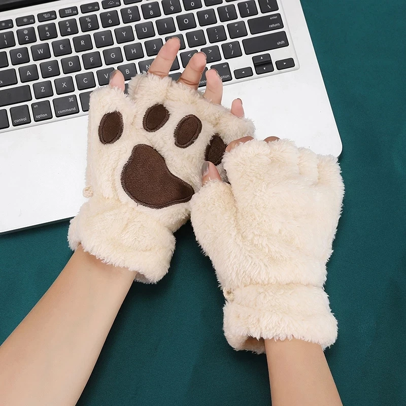 Cat Claw Gloves for Women Girls Thickened Plush Lovely Style Bear Paw Exposed Fingers Half Finger Winter