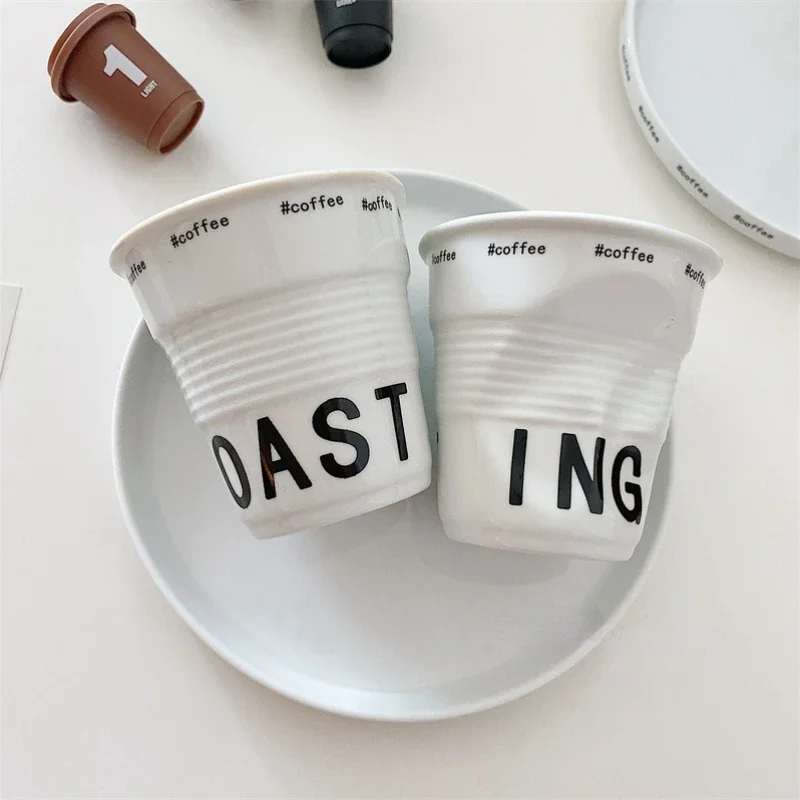 6.7oz korean style cups and mugs coffee mug white ceramic nordic wrinkle cup 200ml drinking coffe tumbler English Letter