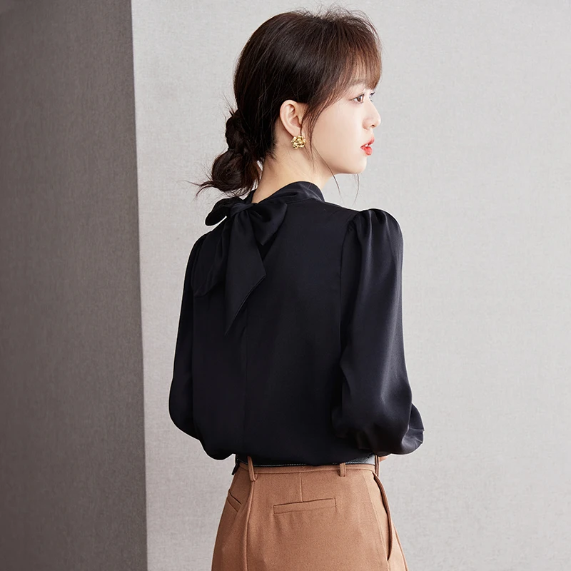 Spring and Autumn New Elegant Fashion Acetate Satin Blouses Women Tops Office Lady Long Lantern Sleeve Shirt Blusa Mujer Clothes
