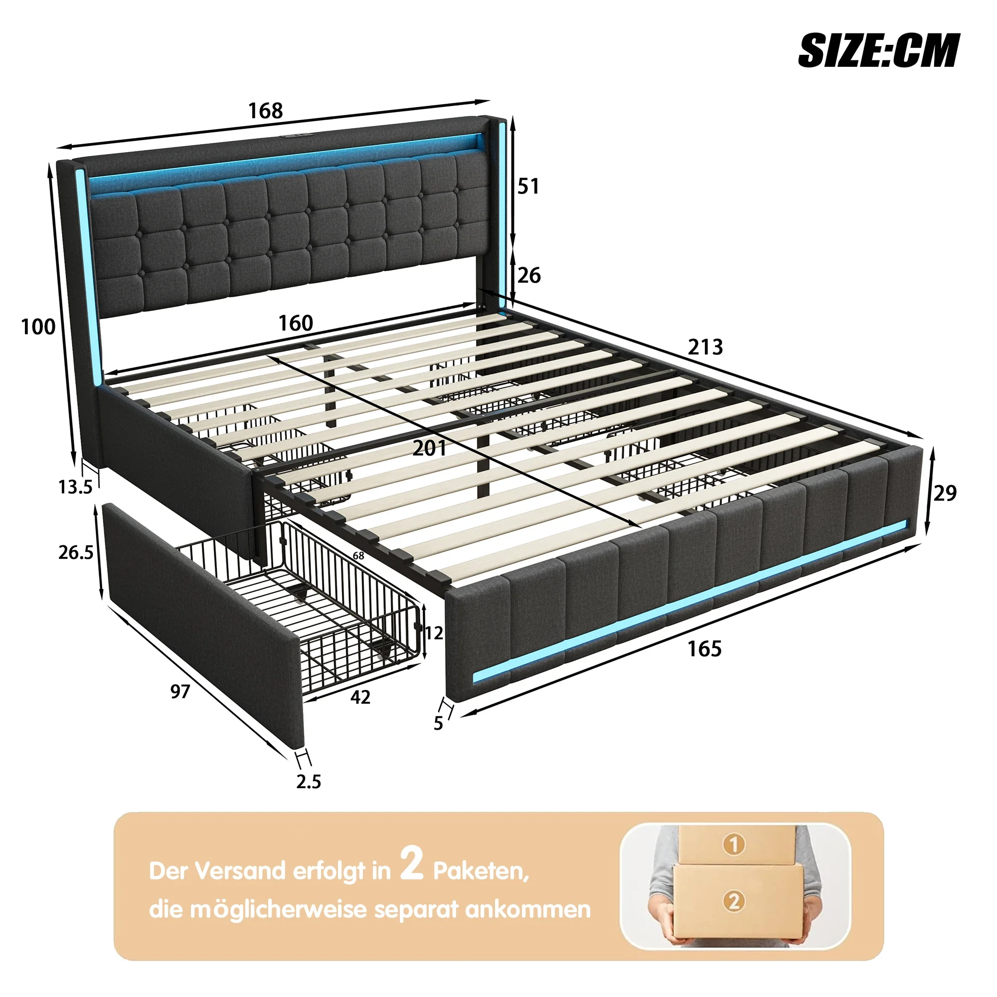 Comanlai Gepolstertes Doppelbett mit 4 Schubladen, Stauraumbett mit Lattenrost, Bettgestell mit USB-Ladeanschluss und LED-Beleuchtung – Detail 3