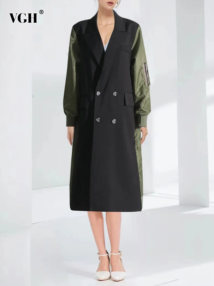 

VGH Colorblock Casual Loose Windbreakers For Women Notched Collar Long Sleeve Spliced Double Breasted Minimalist Trench Female