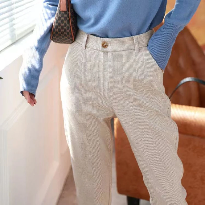 Pantalones de lana para mujer, pantalón de tubo Harem, de cintura alta, informal, para oficina, otoño e invierno, 2023