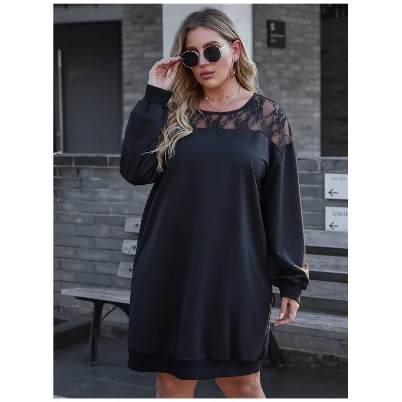 

Plus Size Long Sleeve Elegant Casual Dress Women Lace Panel Loose Autumn Winter Knee Length Dress Large Size Clothing 7XL 8XL