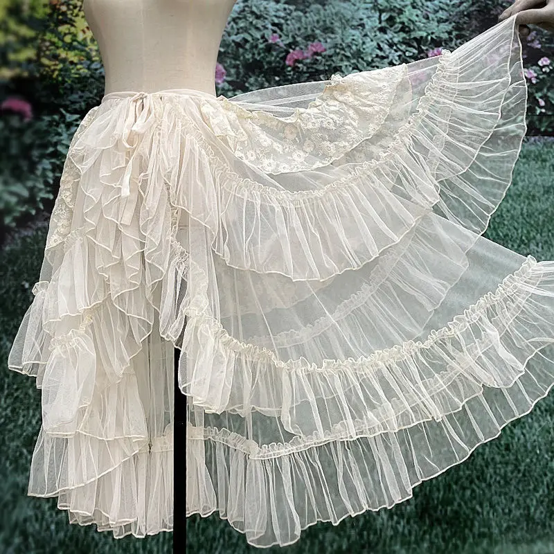 

Double Layered Large Hem Lolita Skirt Ruffles Lace Mesh Skirts Women