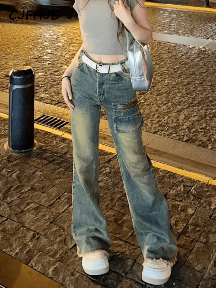 

CJFHJE Korean High Waist Slim Office Lady Jeans Casual Vintage Denim Trousers Women Pure Color Wide Leg Y2k Denim Pants Fashion
