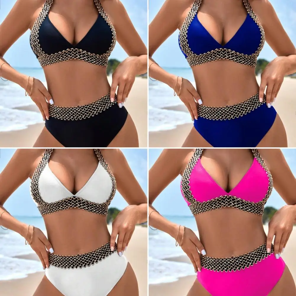 Women Bikini Set Push Up Halter V-neck Bra High Waist Briefs Backless swimsuits two piece sets