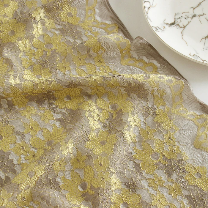 

Yarn-Dyed Lace Fabric Base Dress Women's Clothes Cheongsam Skirt Fashion Fabric Soft and Slightly Transparent Ginger Yellow