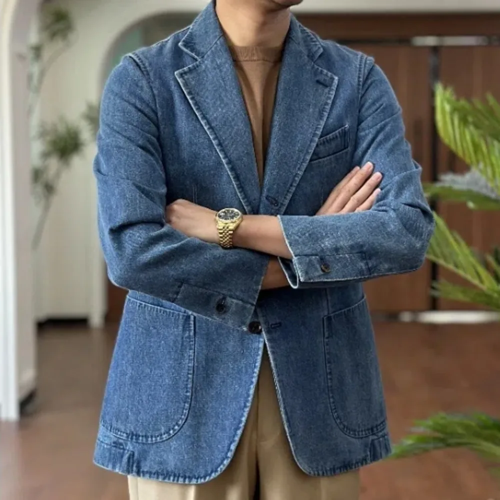 Denim Jacket Men Blazer Masculino Italian Style Blazer Men Lapel Collar Casual Business Blazer Hombre Vintage Slim Fit Blazer 3
