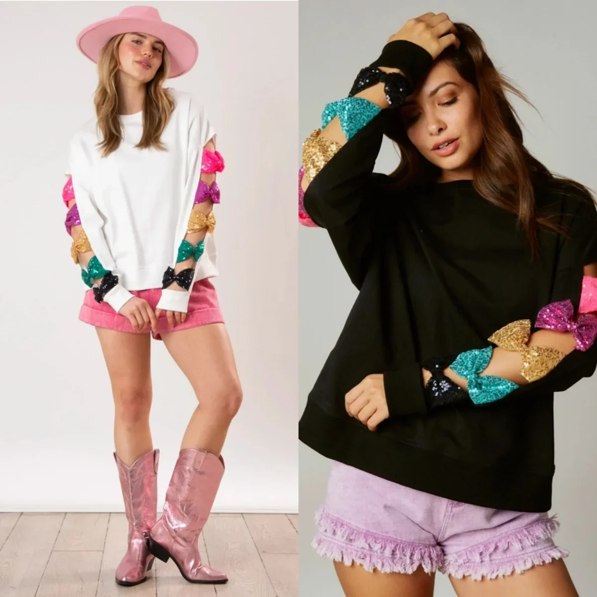 

2024 summer new European and American bow sequin versatile top long-sleeved sweatshirt