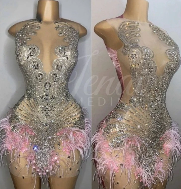 

Luxury Pink Sheer Feather Short Prom Dresses For Black Girls Sexy Women African Cocktail Dresses Birthday Party Homecoming