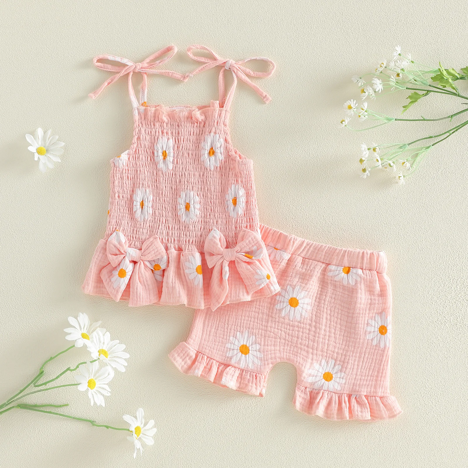 FOCUSNORM 0-24M 사랑스러운  소녀 의류 세트 복장 해바라기 프린트 리본 스모크 캐미 탑과 프릴 반바지 2피스