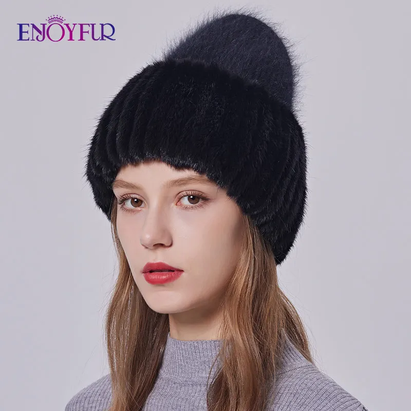 ENJOYFUR Women Winter Angora Hats With Real Mink Fur Knit Brim Female Thick Warm High Quality Mink Fur Knitted Hats 3
