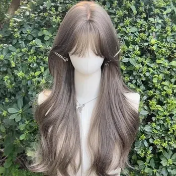Gray brown neat bangs large wave synthetic wig | high quality soft hair natural headgear | suitable for daily wear 1