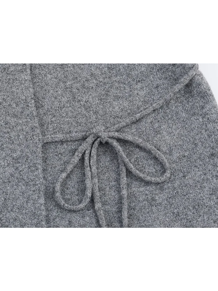 2025 Autumn Women Solid Round Neck Lace Up Sweaters Cardigan Winter Chic Split Long Sleeve Knit Casual Loose Warm Outerwear