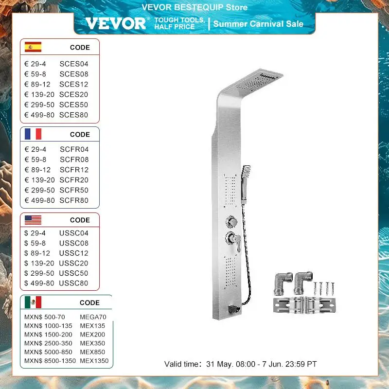 VEVOR 5 in 1 Shower Faucet Bathroom Rainfall Shower Set Waterfall Rain SPA Massage Jet Bath Shower Column Mixer Tap Shower Panel